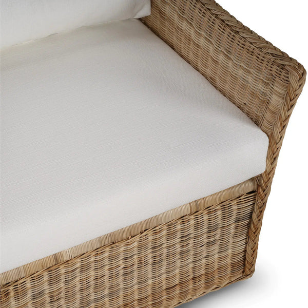 Bramble Nantucket Swivel Chair in Rattan Natural w/ Arctic White Performance Fabric-Bramble-Blue Hand Home