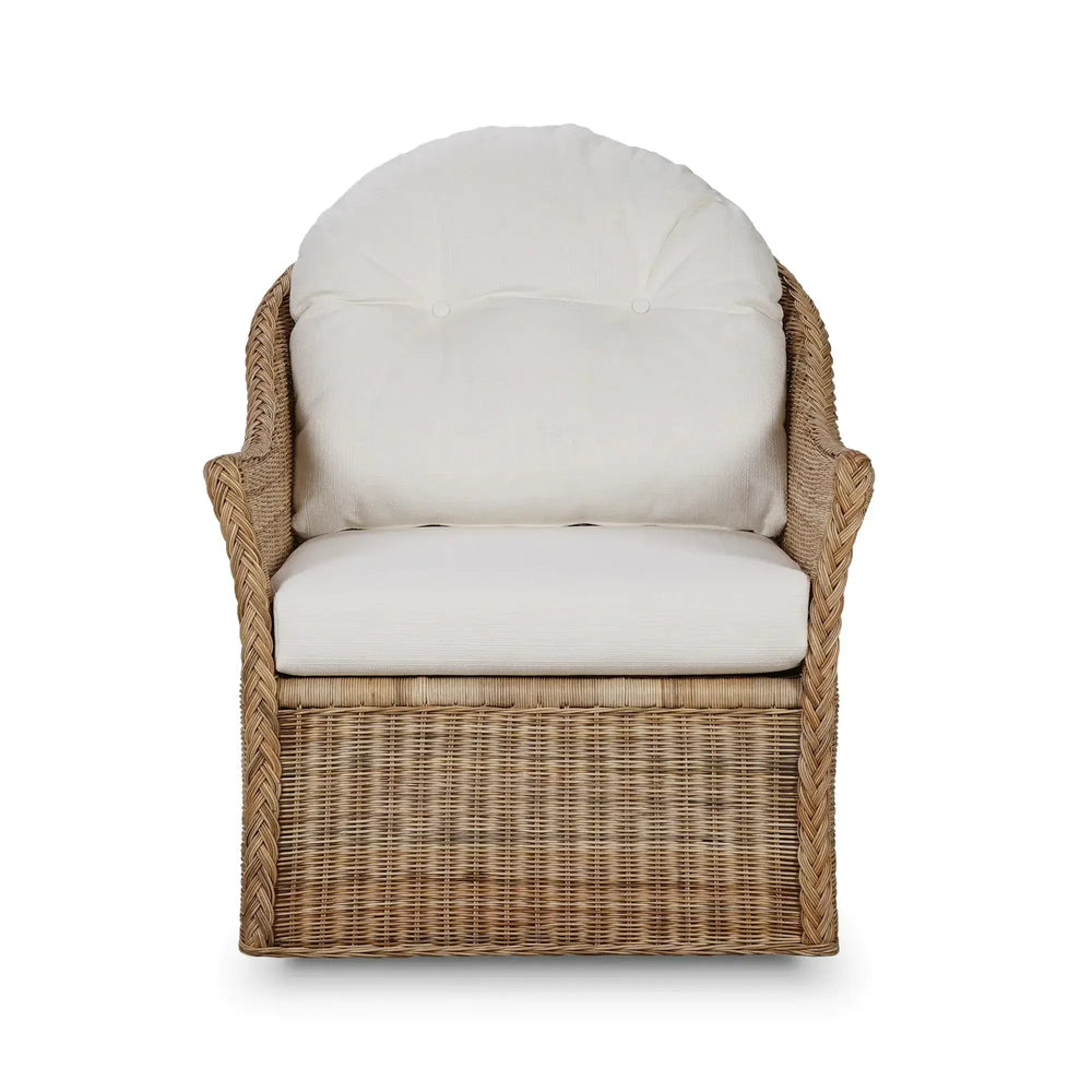 Bramble Nantucket Swivel Chair in Rattan Natural w/ Arctic White Performance Fabric-Bramble-Blue Hand Home