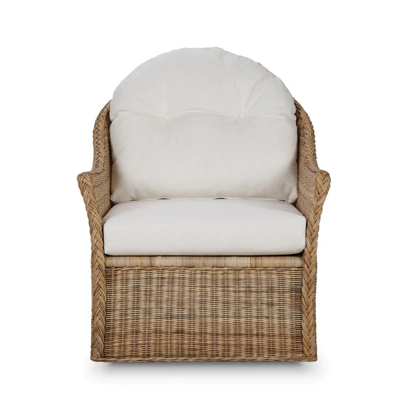 Bramble Nantucket Swivel Chair in Rattan Natural w/ Arctic White Performance Fabric-Bramble-Blue Hand Home