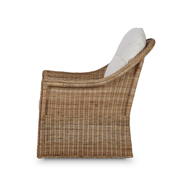 Bramble Nantucket Swivel Chair in Rattan Natural w/ Arctic White Performance Fabric-Bramble-Blue Hand Home