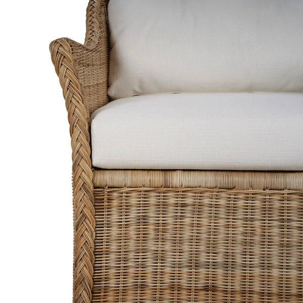 Bramble Nantucket Swivel Chair in Rattan Natural w/ Arctic White Performance Fabric-Bramble-Blue Hand Home
