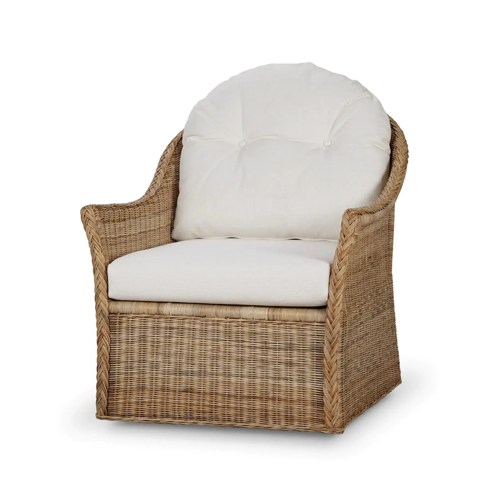 Bramble Nantucket Swivel Chair in Rattan Natural w/ Arctic White Performance Fabric-Bramble-Blue Hand Home