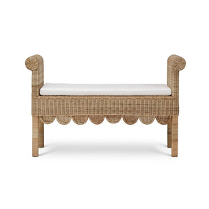 Bramble Newport Scalloped Bench In Rattan Natural W/ Arctic White Performance Fabric-Bramble-Blue Hand Home