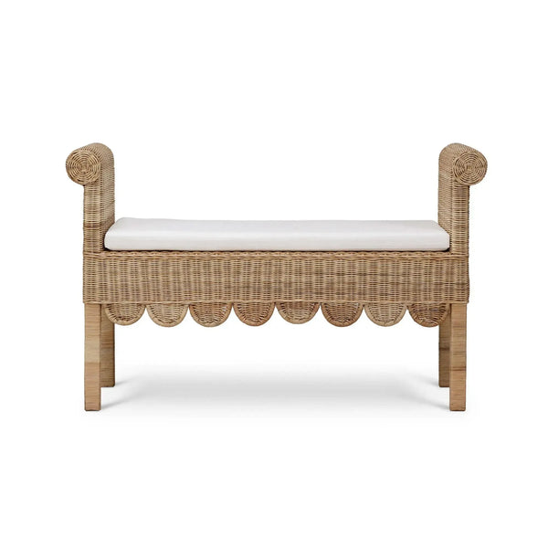 Bramble Newport Scalloped Bench In Rattan Natural W/ Arctic White Performance Fabric-Bramble-Blue Hand Home