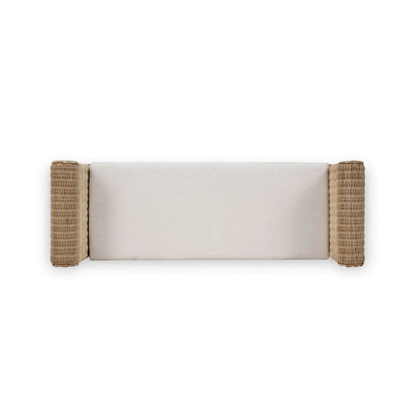 Bramble Newport Scalloped Bench In Rattan Natural W/ Arctic White Performance Fabric-Bramble-Blue Hand Home