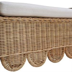 Bramble Newport Scalloped Bench In Rattan Natural W/ Arctic White Performance Fabric-Bramble-Blue Hand Home