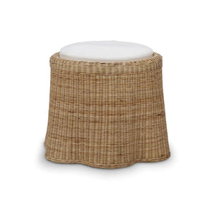 Bramble Newport In Rattan Natural Round Small Ottoman W/ W/ Arctic White Performance Fabric-Bramble-Blue Hand Home