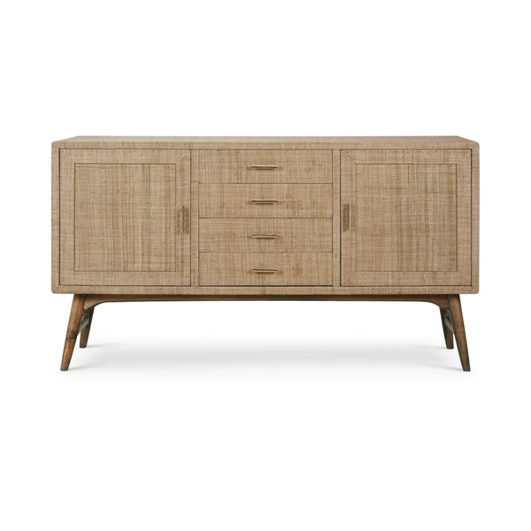 Bramble Pierre Mid Century Buffet Wrapped In Raw Raffia W/ Straw Wash Legs-Bramble-Blue Hand Home