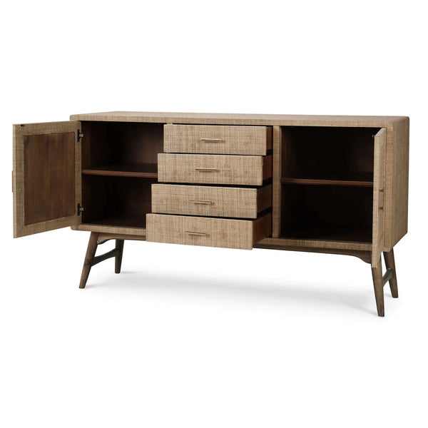 Bramble Pierre Mid Century Buffet Wrapped In Raw Raffia W/ Straw Wash Legs-Bramble-Blue Hand Home