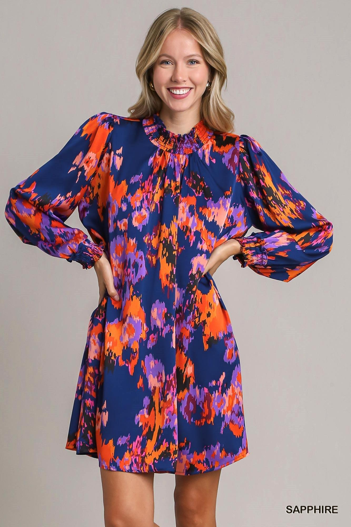 Floral Printed Satin Dress with Elastic Ruffle Neckline-Blue Hand Home