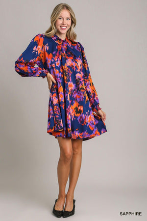 Floral Printed Satin Dress with Elastic Ruffle Neckline-Blue Hand Home