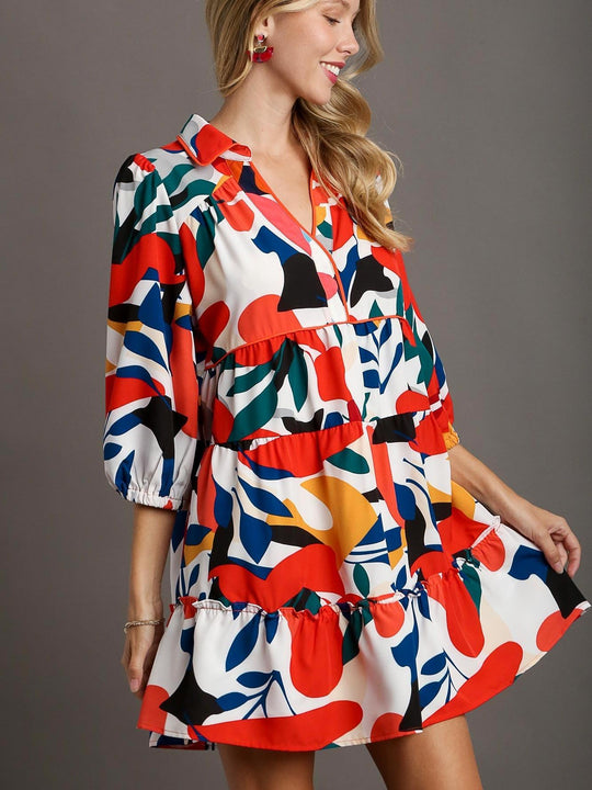 Abstract Print A-Line Collared Tiered Dress