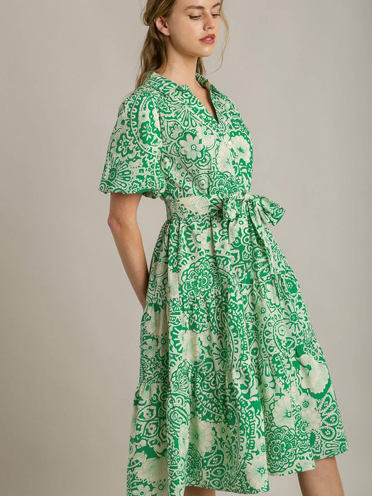Mixed Print Collared A-Line Tiered Midi Dress