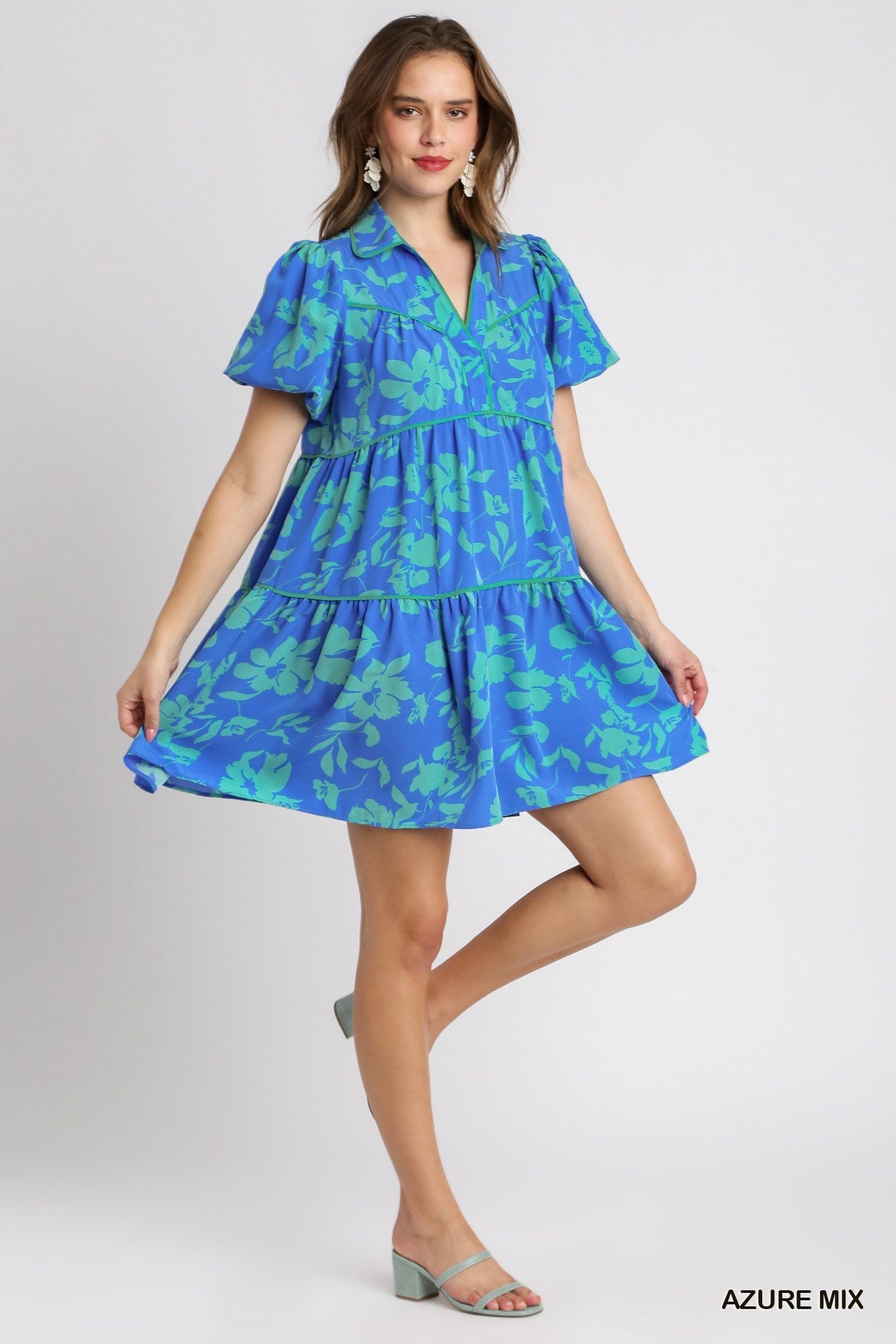 Two Tone Floral Print Collared Tiered A-Line Dress-Blue Hand Home