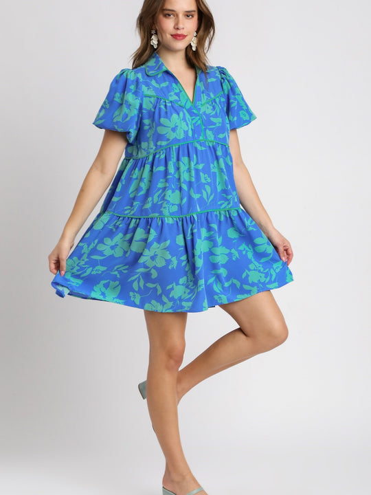 Two Tone Floral Print Collared Tiered A-Line Dress