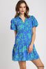 Two Tone Floral Print Collared Tiered A-Line Dress-Blue Hand Home