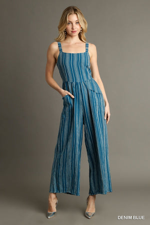 Washed Striped Sleeveless Linen Jumpsuit-Blue Hand Home