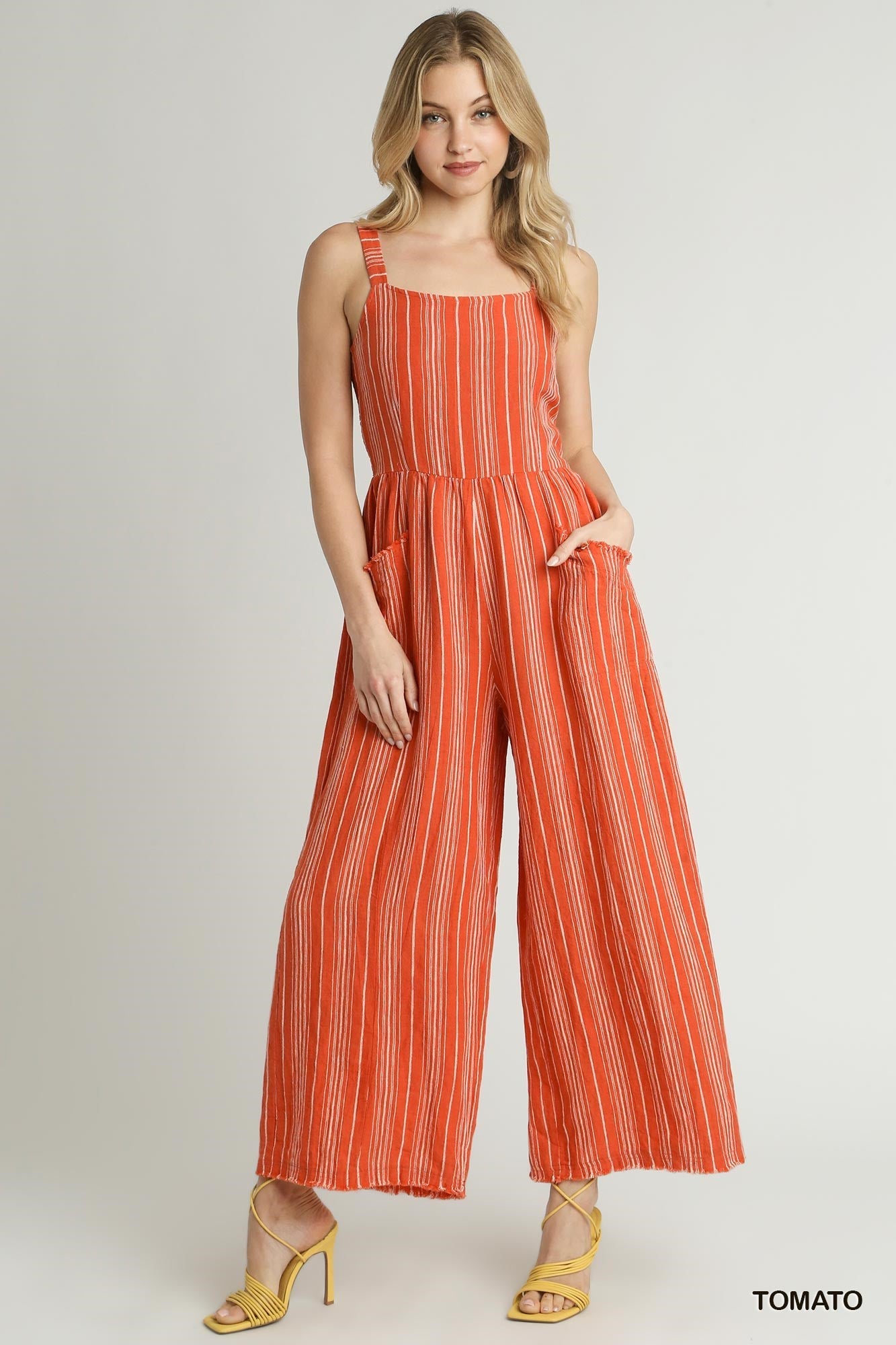 Washed Striped Sleeveless Linen Jumpsuit-Blue Hand Home
