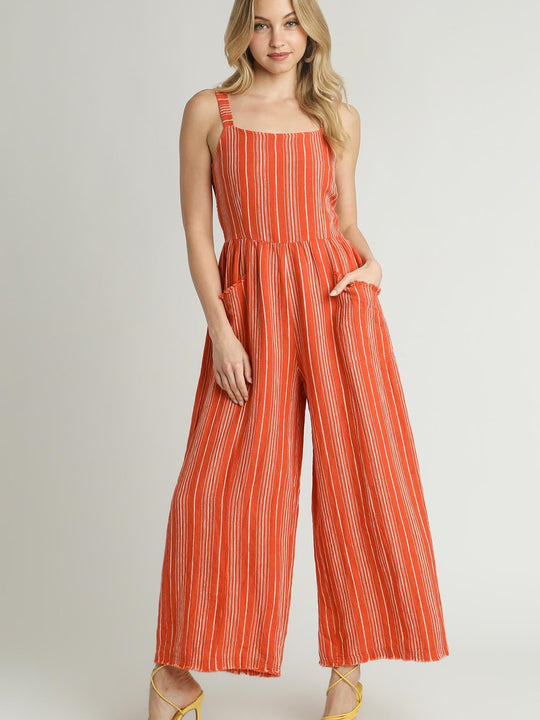 Washed Striped Sleeveless Linen Jumpsuit
