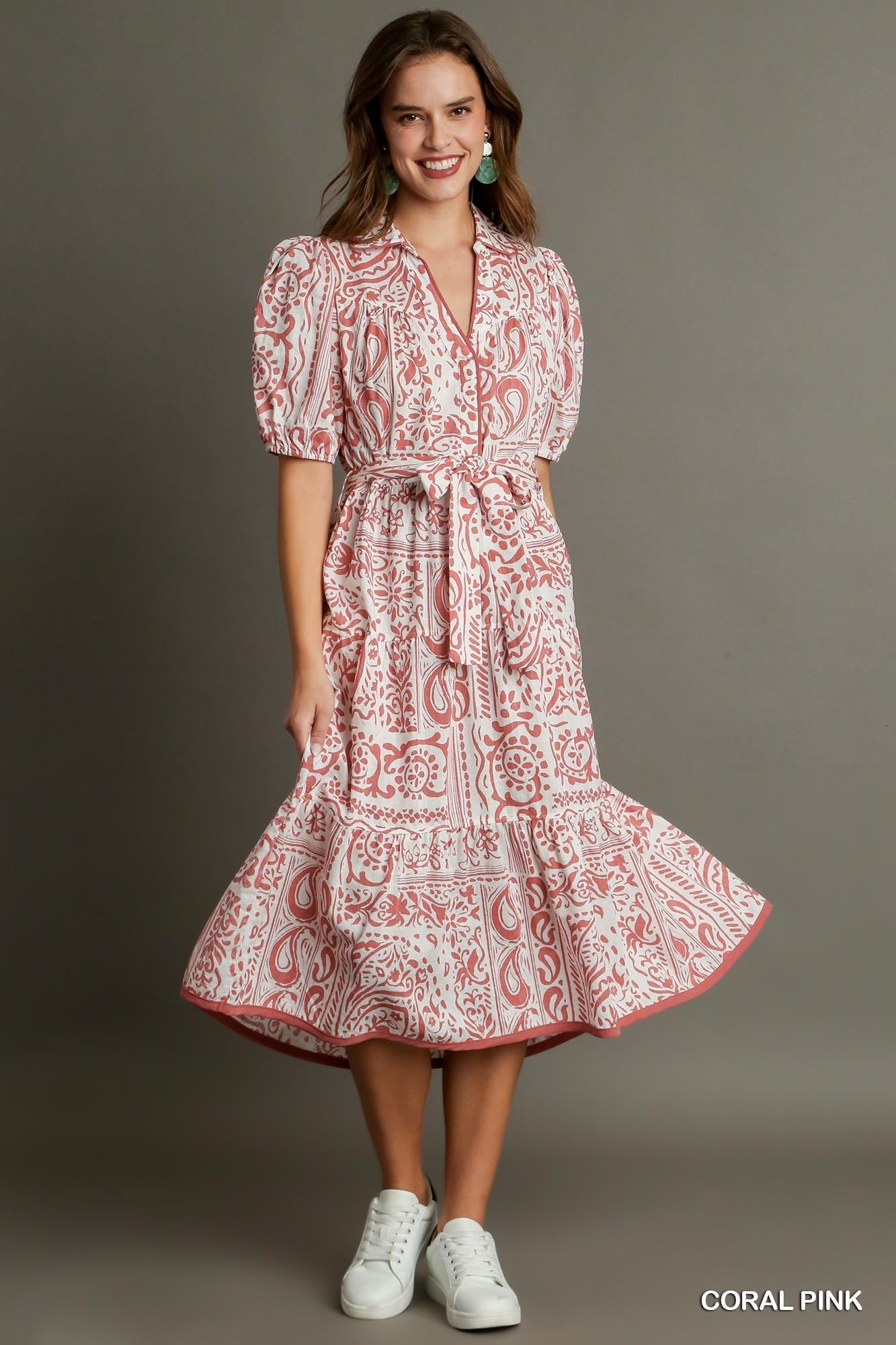Two Tone Paisley Print Midi Collared Dress with Balloon Sleeves &amp; Belt Front Tie-Blue Hand Home