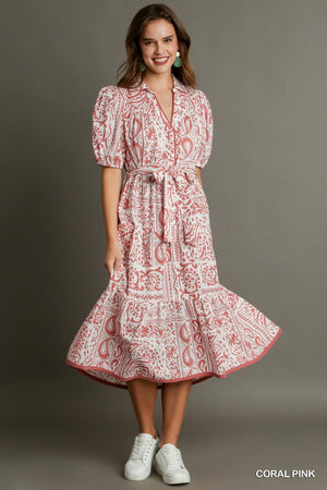 Two Tone Paisley Print Midi Collared Dress with Balloon Sleeves & Belt Front Tie-Blue Hand Home