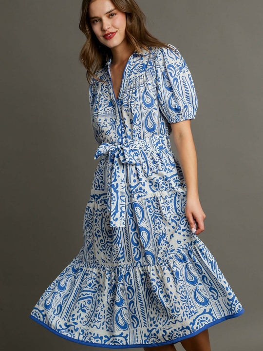 Two Tone Paisley Print Midi Collared Dress with Balloon Sleeves & Belt Front Tie