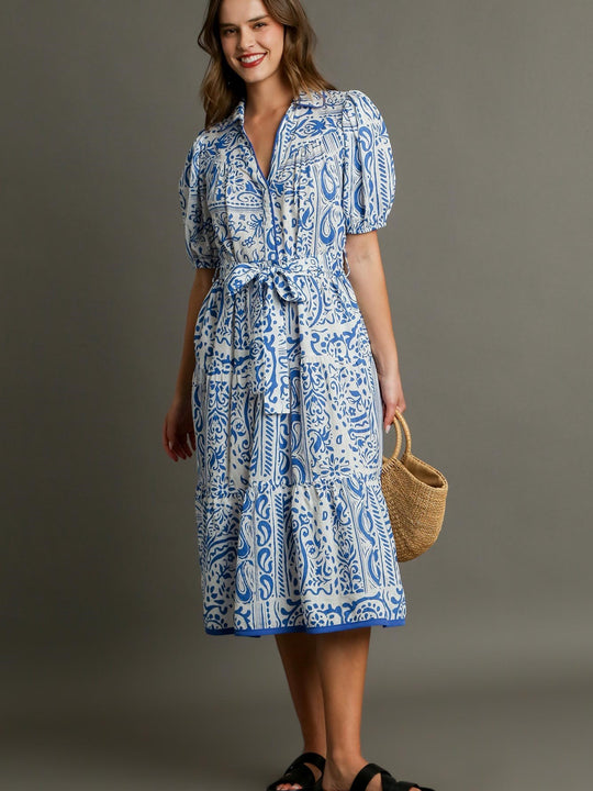 Two Tone Paisley Print Midi Collared Dress with Balloon Sleeves & Belt Front Tie