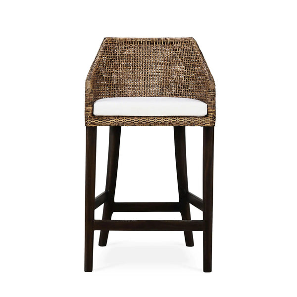 Bramble Savanah Counter Stool In Light Glazed Rattan W/ Arctic White Performance Seat Cushion-Bramble-Blue Hand Home