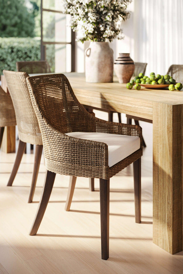 Bramble Savanah Dining Chair In Light Glazed Rattan W/ Arctic White Performance Fabric Cushion-Bramble-Blue Hand Home