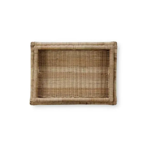 Bramble Scallop Rattan Side Table W/ Tray In Natural-Bramble-Blue Hand Home