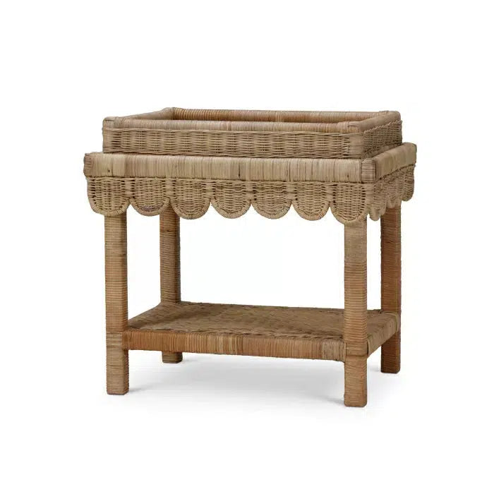 Bramble Scallop Rattan Side Table W/ Tray In Natural-Bramble-Blue Hand Home
