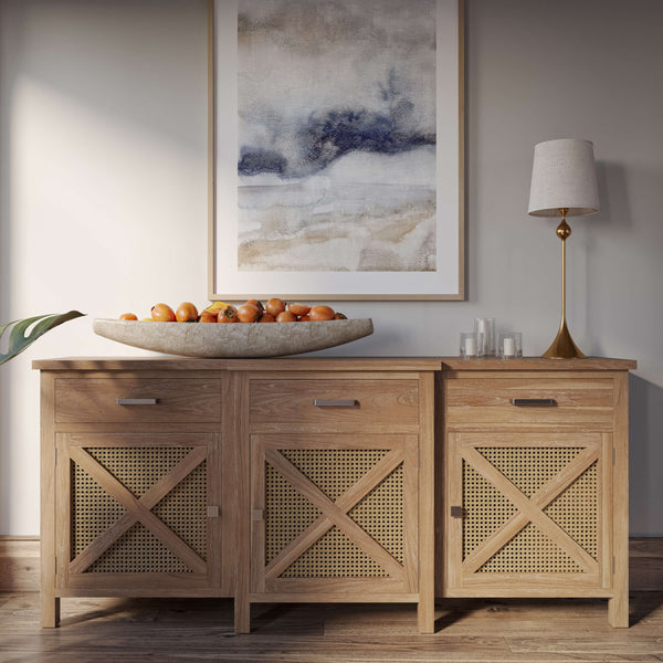 Bramble Silvia Reclaimed Teak 3 Door Sideboard In Teak Straw Wash W/ Rattan Natural Door Panels-Bramble-Blue Hand Home