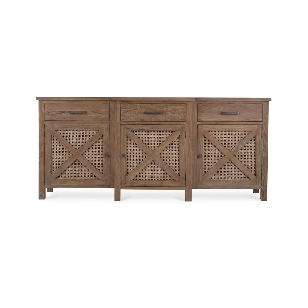 Bramble Silvia Reclaimed Teak 3 Door Sideboard In Teak Straw Wash W/ Rattan Natural Door Panels-Bramble-Blue Hand Home