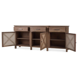 Bramble Silvia Reclaimed Teak 3 Door Sideboard In Teak Straw Wash W/ Rattan Natural Door Panels-Bramble-Blue Hand Home