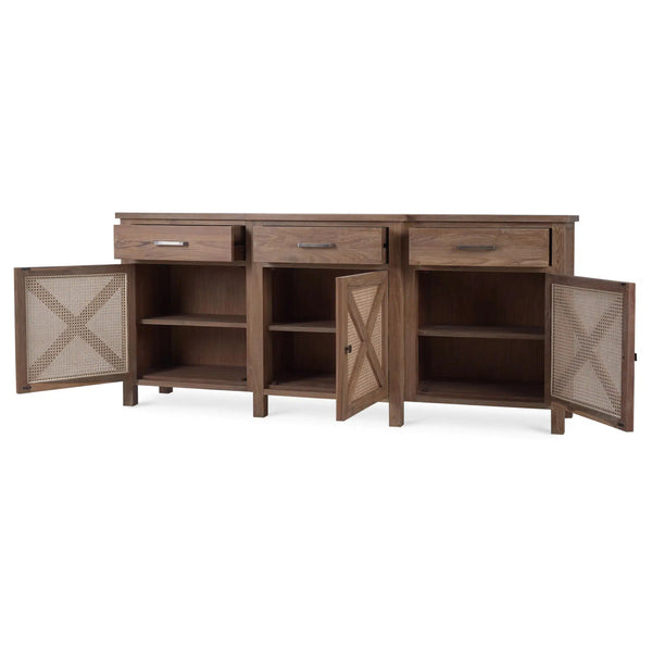 Bramble Silvia Reclaimed Teak 3 Door Sideboard In Teak Straw Wash W/ Rattan Natural Door Panels-Bramble-Blue Hand Home