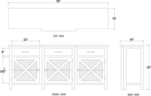 Bramble Silvia Reclaimed Teak 3 Door Sideboard In Teak Straw Wash W/ Rattan Natural Door Panels-Bramble-Blue Hand Home