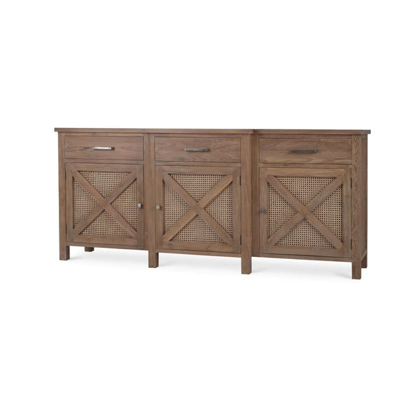 Bramble Silvia Reclaimed Teak 3 Door Sideboard In Teak Straw Wash W/ Rattan Natural Door Panels-Bramble-Blue Hand Home