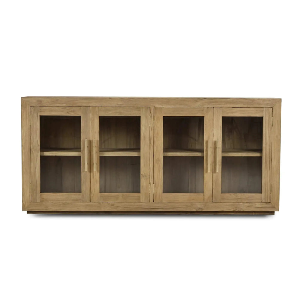 Bramble Tuscan Rustic Distressed Teak 4 Door Sideboard in Teak Natural w/ Weathered Teak Distressing-Bramble-Blue Hand Home