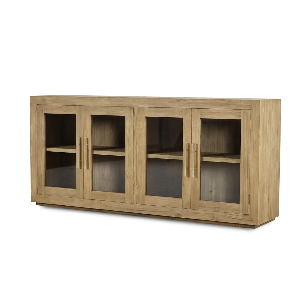 Bramble Tuscan Rustic Distressed Teak 4 Door Sideboard in Teak Natural w/ Weathered Teak Distressing-Bramble-Blue Hand Home