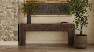 Bramble Tuscan Teak Console in Tuscan Brown w/ Weathered Teak Distress-Bramble-Blue Hand Home