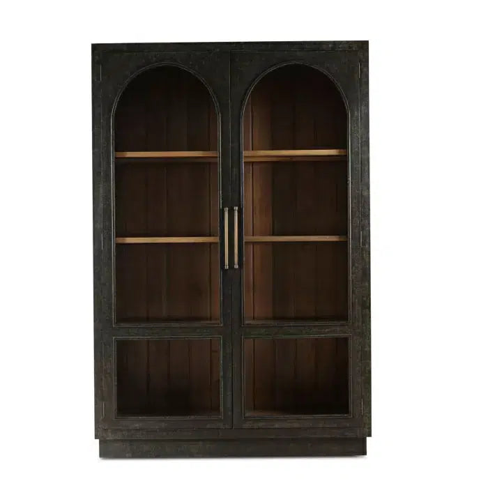 Bramble Vannes 2 Door Display Cabinet W/ Glass Shelves In Vintage Black W/ Straw Wash Interior-Bramble-Blue Hand Home
