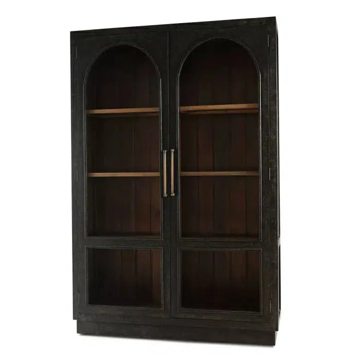 Bramble Vannes 2 Door Display Cabinet W/ Glass Shelves In Vintage Black W/ Straw Wash Interior-Bramble-Blue Hand Home