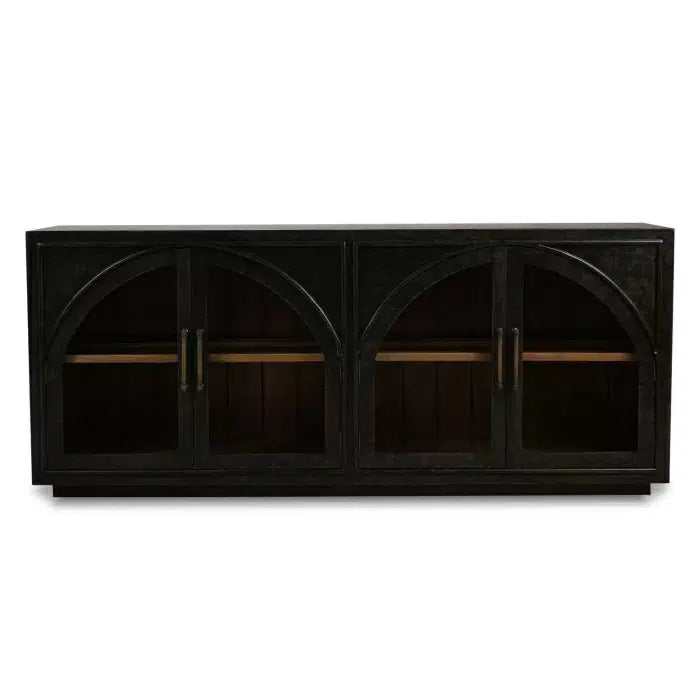Bramble Vannes 4 Door Sideboard W/ Glass Shelves In Vintage Black W/ Straw Wash Interior-Bramble-Blue Hand Home