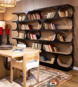Bramble Vannes Crescent Bookcase In Batavia Black W/ Sandbar Interior-Bramble-Blue Hand Home