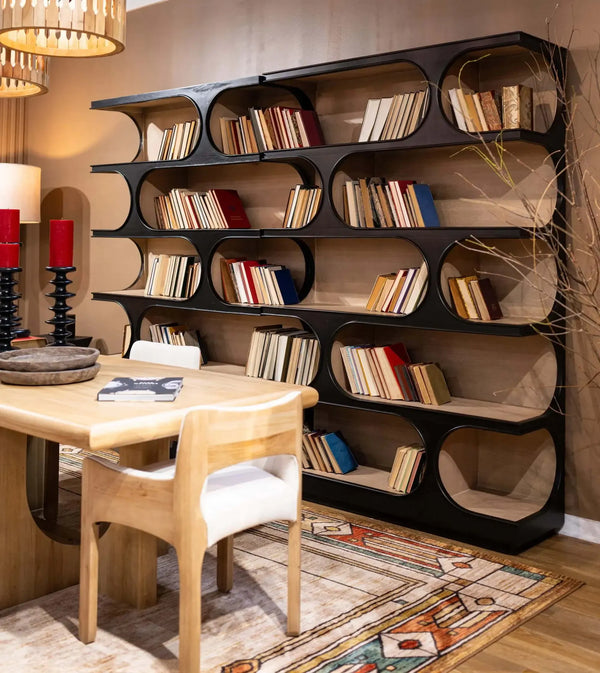 Bramble Vannes Crescent Bookcase In Batavia Black W/ Sandbar Interior-Bramble-Blue Hand Home
