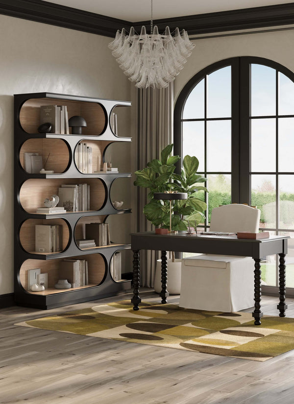 Bramble Vannes Crescent Bookcase In Batavia Black W/ Sandbar Interior-Bramble-Blue Hand Home