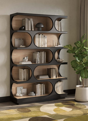 Bramble Vannes Crescent Bookcase In Batavia Black W/ Sandbar Interior-Bramble-Blue Hand Home