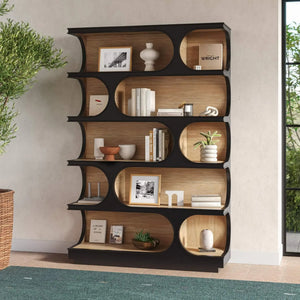 Bramble Vannes Crescent Bookcase In Batavia Black W/ Sandbar Interior-Bramble-Blue Hand Home