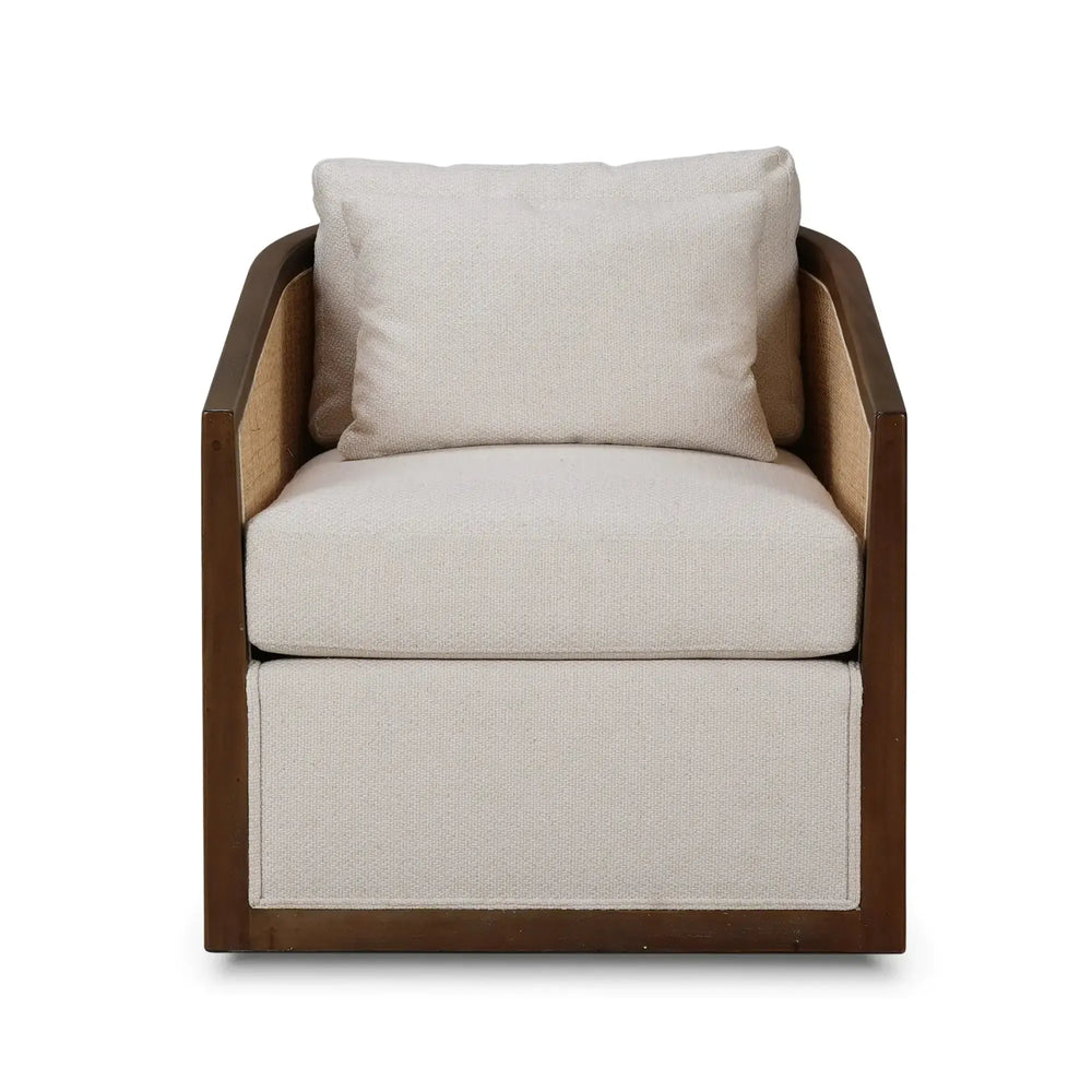 Bramble Willis Swivel Chair W/ Mahogany Frame In Straw Wash & Rattan Natural W/ Dinara Natural Performance Fabric-Bramble-Blue Hand Home