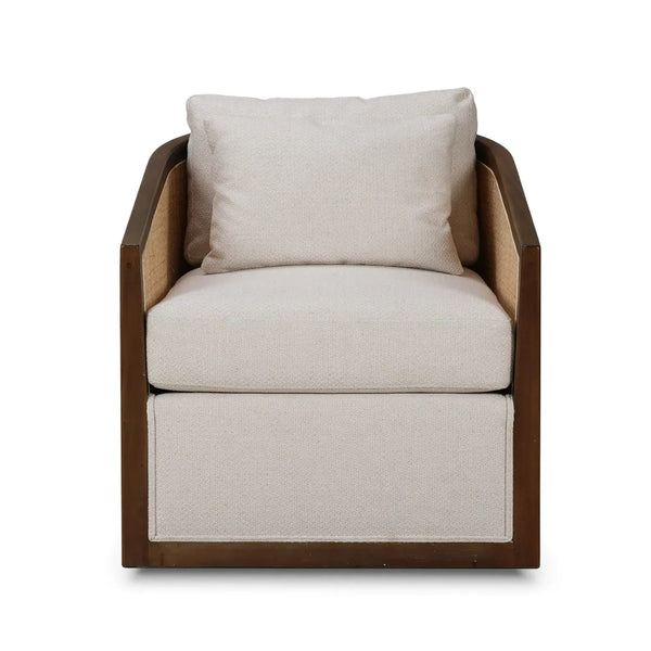 Bramble Willis Swivel Chair W/ Mahogany Frame In Straw Wash & Rattan Natural W/ Dinara Natural Performance Fabric-Bramble-Blue Hand Home